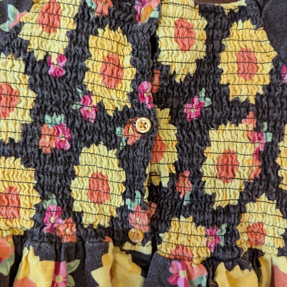Gymboree Girls Sunflower Print Smocked Tiered Cotton Sundress Brown Yellow Sz 12